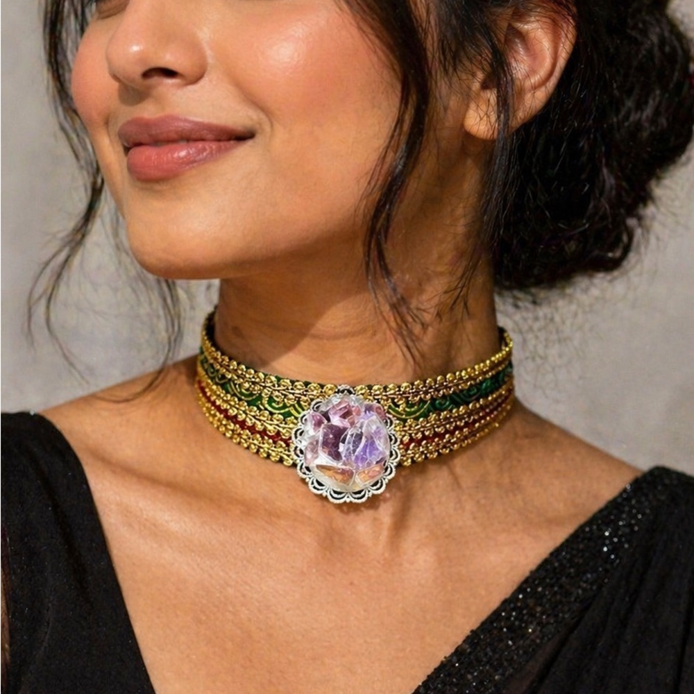 Artisan OOAK Handmade Choker + Pendant Gold Metallic Trim Collar Necklace Signed